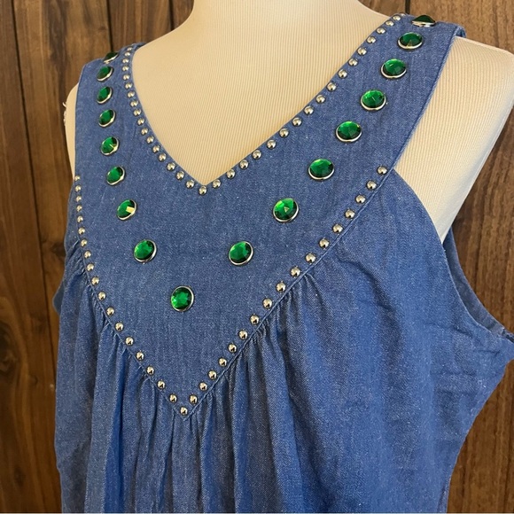 Vintage 90s Spencer Creations Denim Embellished Vneck W/pockets Midi Dress Sz L - Picture 2 of 8